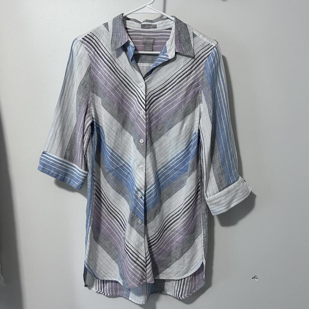 Chico's‎ No-Iron Linen Striped Shirttail-Hem Tunic Women's size 4-6